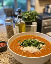 Deliziosa zuppa cremosa di pomodoro e basilico